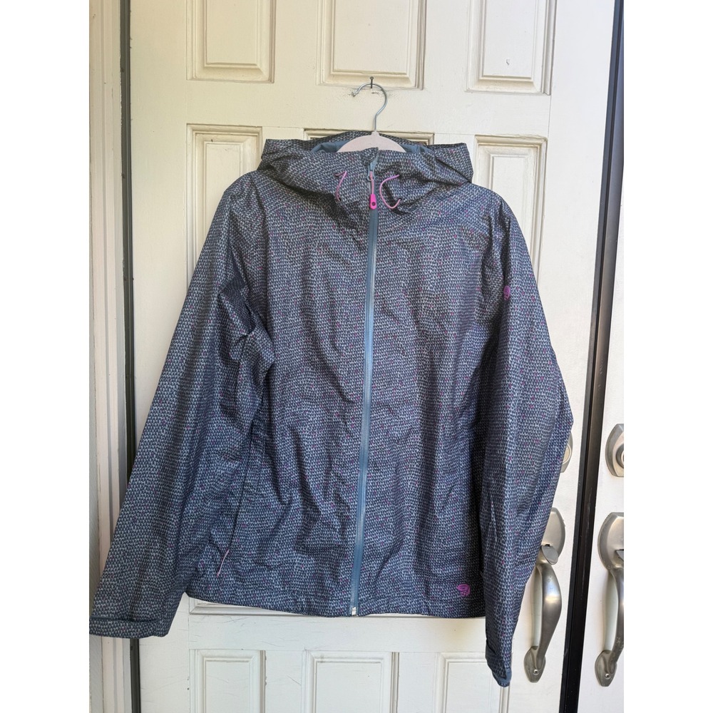 Mountain Hardwear Womens Grey Pink Geometric Print Hooded Rain Jacket Size Large